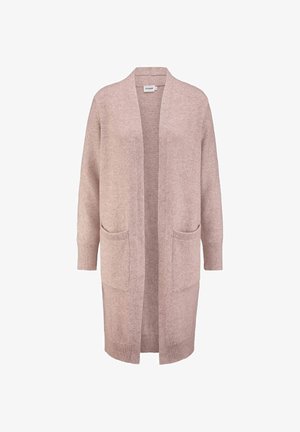 Langer Cardigan in hellrosa aus weichem Stoff, ausgestattet mit einem Schalkragen, offenem Frontbereich und zwei Fronttaschen. Glatte Textur und lässige Passform.