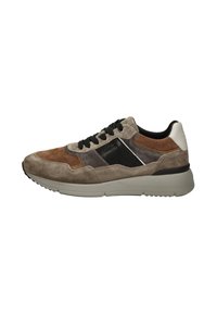 Brown and gray suede sneaker with a black leather accent, textured materials, rounded toe, and a rubber sole. Classic lace-up design.