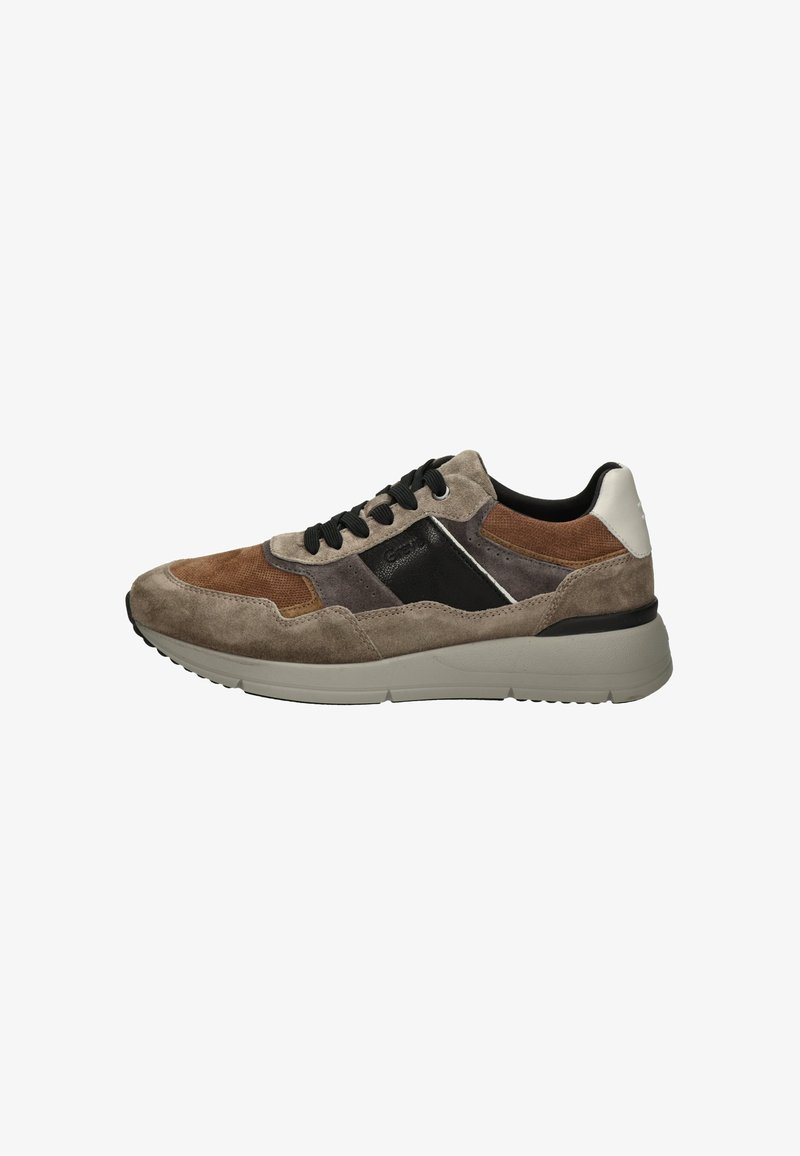 Brown and gray suede sneaker with a black leather accent, textured materials, rounded toe, and a rubber sole. Classic lace-up design.
