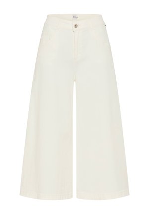 Pantaloni cropped ampi color avorio con chiusura a bottone e zip, tasche frontali e passanti per cintura.