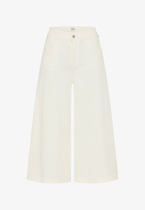Crèmekleurige wijde cropped broek met knoop- en ritssluiting, voorzakken en riemlussen.