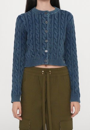 Frau trägt eine blaue, geknöpfte, kurz geschnittene Strickjacke mit Zopfmuster und olivgrüne Cargohosen mit Kordelzug an der Taille.