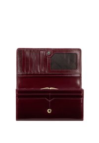 Portafoglio in pelle bordeaux con più scomparti per schede, una finestra trasparente per l'ID e chiusura a scatto. Texture liscia, design elegante.