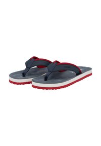 Tongs bleu marine et rouges avec une semelle texturée, des bandes en tissu et une semelle intermédiaire blanche. Les bandes présentent un motif tissé pour une meilleure adhérence.