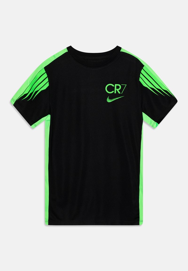 Camiseta deportiva negra con acentos en verde neón, rayas en las mangas y logotipos. Fabricada con material liviano y que absorbe la humedad.