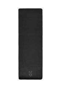 Colchoneta de ejercicio negra con superficie texturizada y diseño acanalado; presenta un logotipo blanco en la parte inferior para mayor agarre y estabilidad durante los entrenamientos.