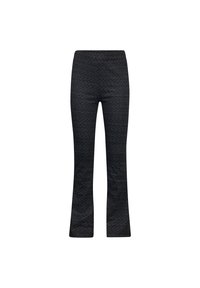 Zwarte uitlopende broek met een geblokt zigzagpatroon, voorzien van een elastische tailleband en een gladde afwerking, ontworpen voor comfort en flexibiliteit.