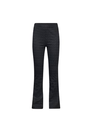 Schwarze, ausgestellte Hosen mit einem strukturierten Zickzackmuster, ausgestattet mit einem elastischen Taillenbund und einer glatten Oberfläche, gestaltet für Komfort und Flexibilität.
