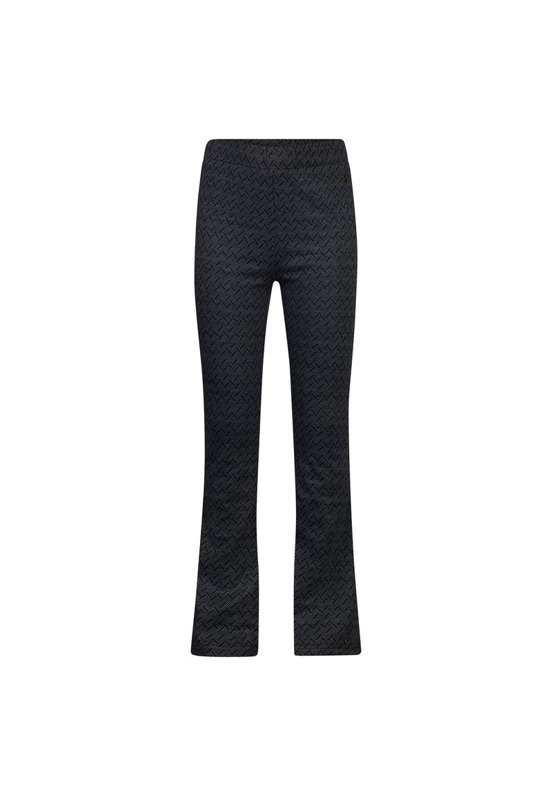 Zwarte uitlopende broek met een geblokt zigzagpatroon, voorzien van een elastische tailleband en een gladde afwerking, ontworpen voor comfort en flexibiliteit.