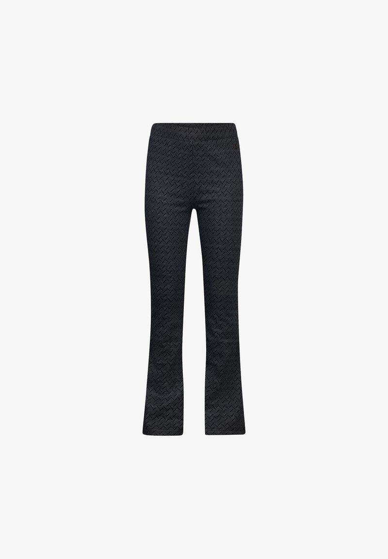 Zwarte uitlopende broek met een geblokt zigzagpatroon, voorzien van een elastische tailleband en een gladde afwerking, ontworpen voor comfort en flexibiliteit.