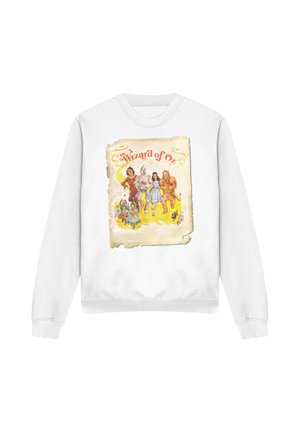 White sweatshirt with a vintage-style print of Wizard of Oz characters on the yellow brick road, including Dorothy, Tin Man, Scarecrow, and Lion.