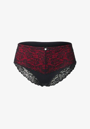 High-waist black panties with red floral lace overlay, scalloped lace edges, and a small black bow with a white button at the center front.