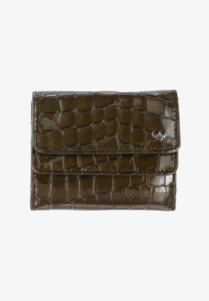 Glossy dark brown crocodile texture wallet with flap closure and small metallic logo on the corner.