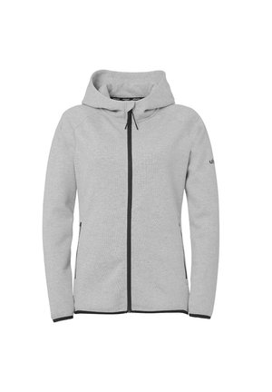 Lichtgrijze hoodie met zwarte ritssluiting en trekkoorden, twee zijzakken en een klein logo op de linkermouw.