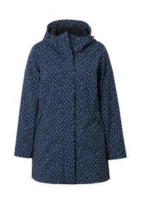 Giacca antipioggia leggera blu navy con motivo a gocce bianche, cappuccio, zip frontale e tasche laterali. Texture liscia e design casual.