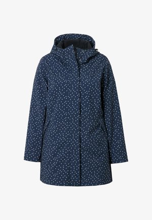 Giacca antipioggia leggera blu navy con motivo a gocce bianche, cappuccio, zip frontale e tasche laterali. Texture liscia e design casual.
