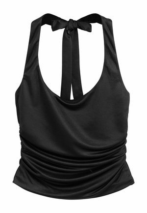 Melnas satīna halter tops ar loku pie kakla un drapētu audumu apkārt jostai, bez piedurknēm un pieguļoša stila.