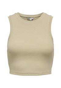 Lichtbeige ribbelige mouwloze cropped top met een ronde halslijn, aansluitend ontwerp en vlakke naden. De stof heeft een gladde en rekbare textuur.