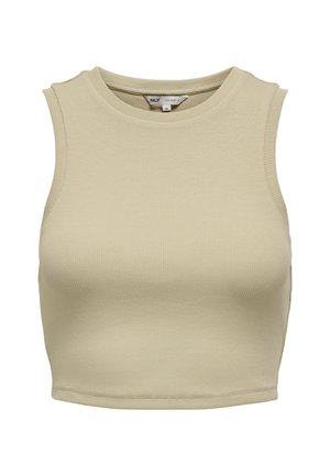 Top corto sin mangas beige claro con ribetes, cuello redondo, diseño ajustado y costuras planas. La textura de la tela parece suave y elástica.