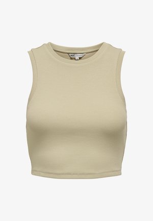 Top corto sin mangas beige claro con ribetes, cuello redondo, diseño ajustado y costuras planas. La textura de la tela parece suave y elástica.