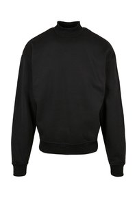 Sudadera negra con cuello alto, mangas largas y un dobladillo recortado. Hecha de una tela suave, con puños y cuello de canalé.