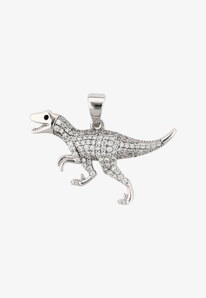 Sølvvedhæng formet som en dinosaur, prydet med små klare sten og et sort øje, designet til at blive fastgjort på en halskæde.