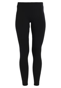 Svarta leggings gjorda av stretchigt material, med hög midja och en slim fit som smalnar av vid anklarna. Mjuk textur, inga mönster.