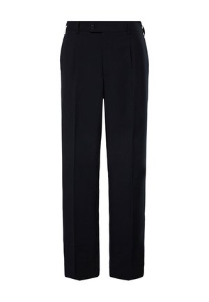 Schwarze maßgeschneiderte Hose mit geradem Bein, aus glattem Stoff, mit Knopfverschluss und Seitentaschen.