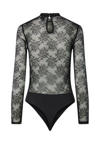 Body negru din dantelă cu mâneci lungi, model floral, cu deschidere la spate și panou inferior solid negru.