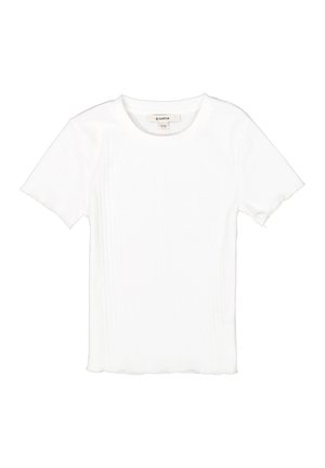 Witte geribde t-shirt met korte mouwen, ronde halslijn en een geschulpte zoom. Gemaakt van zachte stof met een textuur.