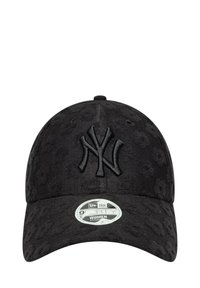 Cappello nero dei New York Yankees con un motivo floreale in rilievo, caratterizzato da un logo in evidenza sulla parte frontale e una chiusura regolabile sul retro.