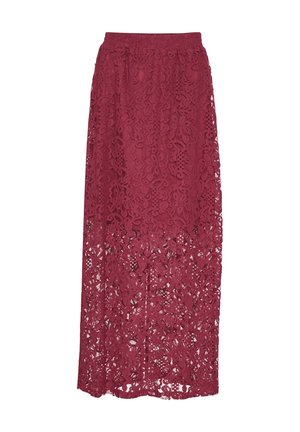 Long burgundy skirt made of lace, featuring a floral pattern, elastic waistband, and a flowing design with sheer texture at the hem.