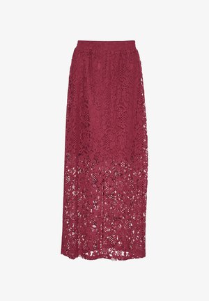 Langeburgunderfarbene Spitze mit einem floralen Muster, elastischem Bund und einem fließenden Design mit transparenter Textur am Saum.