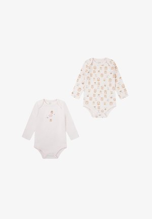 Dos bodys de bebé de manga larga, uno rosa pálido con pequeños rostros de animales y el texto "wild lovely family", y el otro blanco con un patrón repetido de rostros de animales.