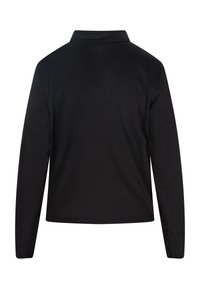 Schwarz langärmliges Polohemd mit Kragen, glatter Textur und einem schlichten Design ohne sichtbare Muster oder Logos auf der Rückseite.