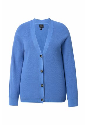 Cardigan de punto azul con escote en V, mangas largas y cinco grandes botones redondos negros en el delantero. Textura acanalada en los puños y el dobladillo.