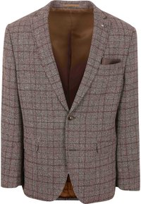 Brown checkered blazer with a textured fabric, featuring a single button closure, front pockets, and a brown satin lining.