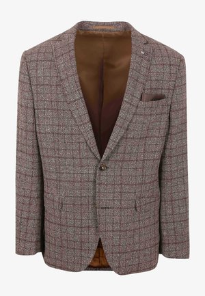 Bruin geruit blazer van een textuurstof, met een enkele knoopsluiting, frontzakken en een bruine satijnen voering.