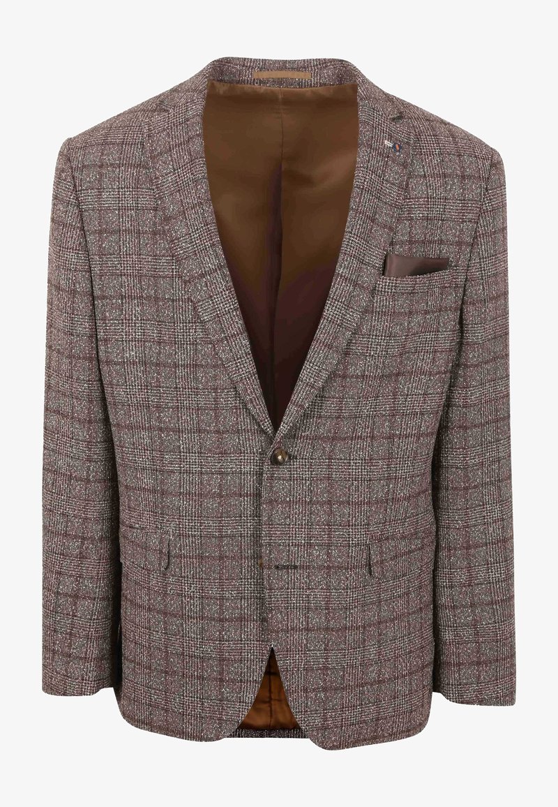 Brown checkered blazer with a textured fabric, featuring a single button closure, front pockets, and a brown satin lining.