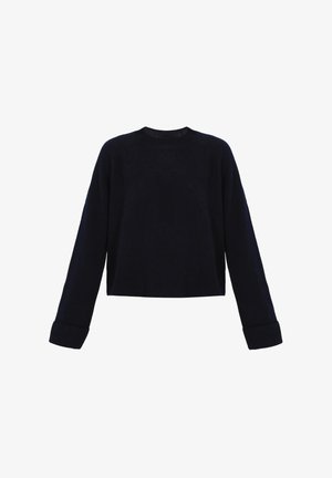 Pull court bleu marine avec des manches longues, des poignets et un ourlet côtelés, fabriqué à partir d'un matériau en tricot doux et texturé. Design simple et classique.