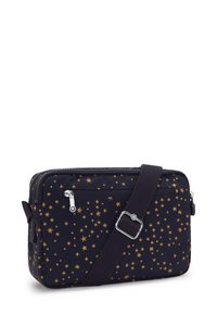 Bolso de hombro azul marino fabricado en tela, con un patrón de estrellas doradas, cierre con cremallera y correa ajustable.