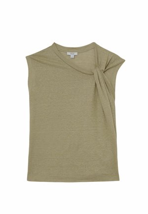 Ärmelloses beiges Top mit rundem Ausschnitt und asymmetrischem Knotendetail an der rechten Schulter, gefertigt aus leichtem Stoff.