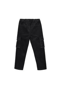 Svarta kordflöjel cargo-byxor med elastisk midja, två sidofickor och textil med struktur, designade för komfort och funktionalitet.