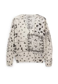 Pull léger beige à col en V, orné de motifs en paisley et floraux noirs complexes. Fabriqué en tissu doux et texturé.