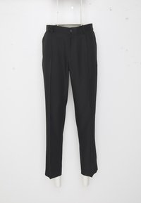 Pantaloni neri con una vestibilità dritta, dotati di chiusura con bottone, due tasche frontali e un tessuto liscio e strutturato.