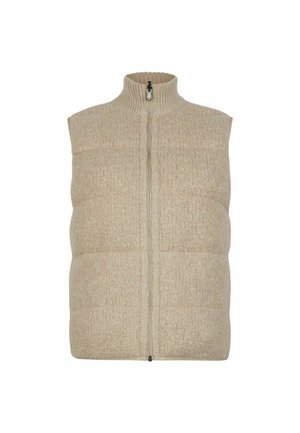 Beige fleeceställ med hög krage, horisontellt quiltat mönster och dragkedja fram. Den texturerade tyget ger värme och komfort.