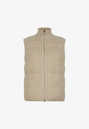 Beige Fleece-Weste mit hohem Kragen, horizontalem Steppmuster und einem Reißverschluss vorne. Der strukturierte Stoff sorgt für Wärme und Komfort.