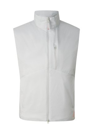 Hellgraue ärmellose Weste mit Stehkragen, Frontreißverschluss und vertikalem Reißverschluss an der Brusttasche.