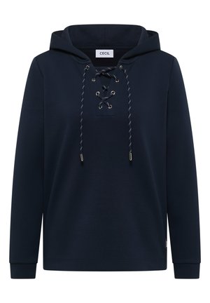 Laivastonsininen hupullinen collegepaita, joka on valmistettu pehmeästä kankaasta. Siinä on nyöritys aukon reunassa metallisilla rei'illä ja pitkät hihat resorireunuksilla.