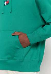 Hanorac verde din bumbac, cu buzunar frontal tip kangaroo, manșete ribbate și un mic etichete logo multicolor pe piept. Textură moale.